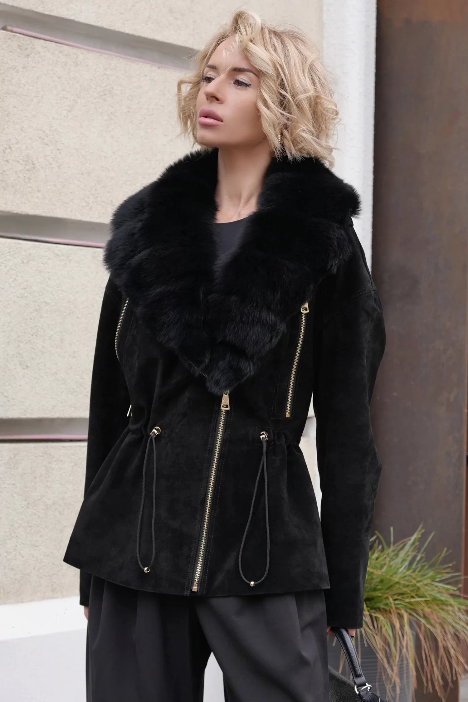Vivienne Genuine Suede Polar Fox Trim Coat in Black