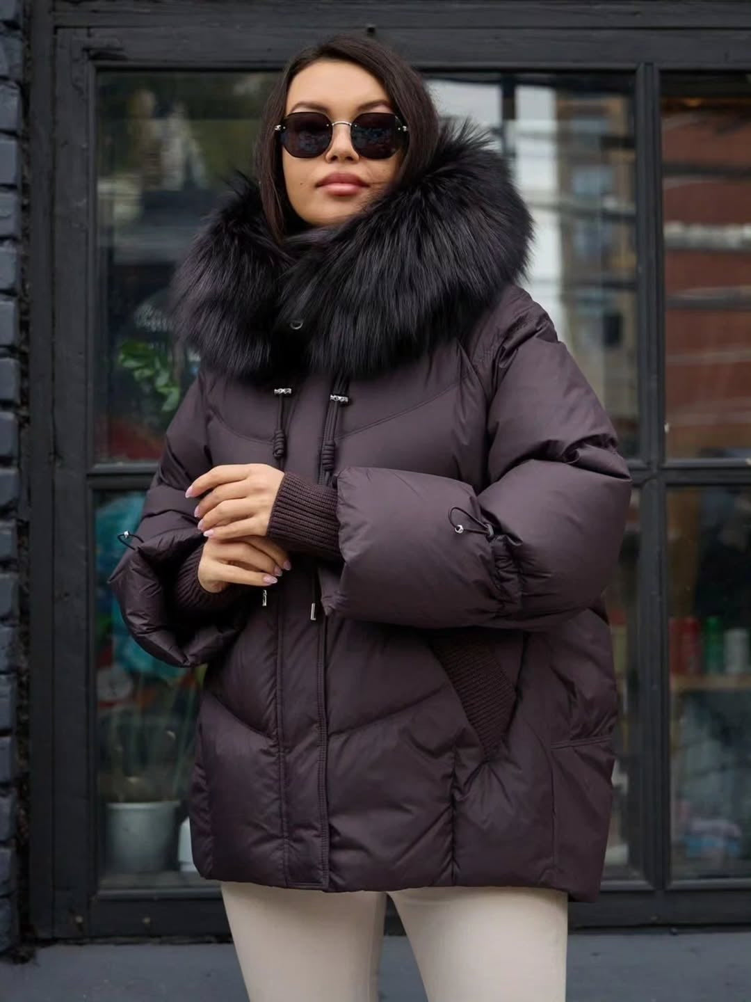 Brit Genuine Fur Trim Down Fill Coat in Fig