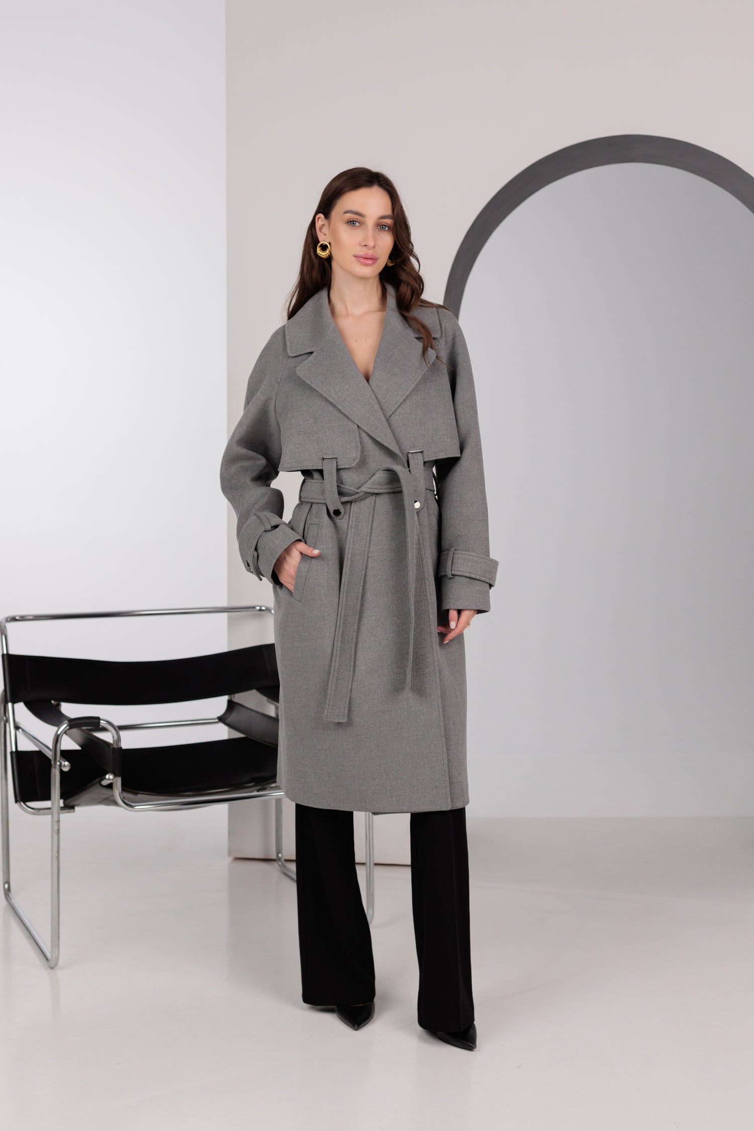 Karina Belted Wool Cashmere Blend Overcoat in Grey