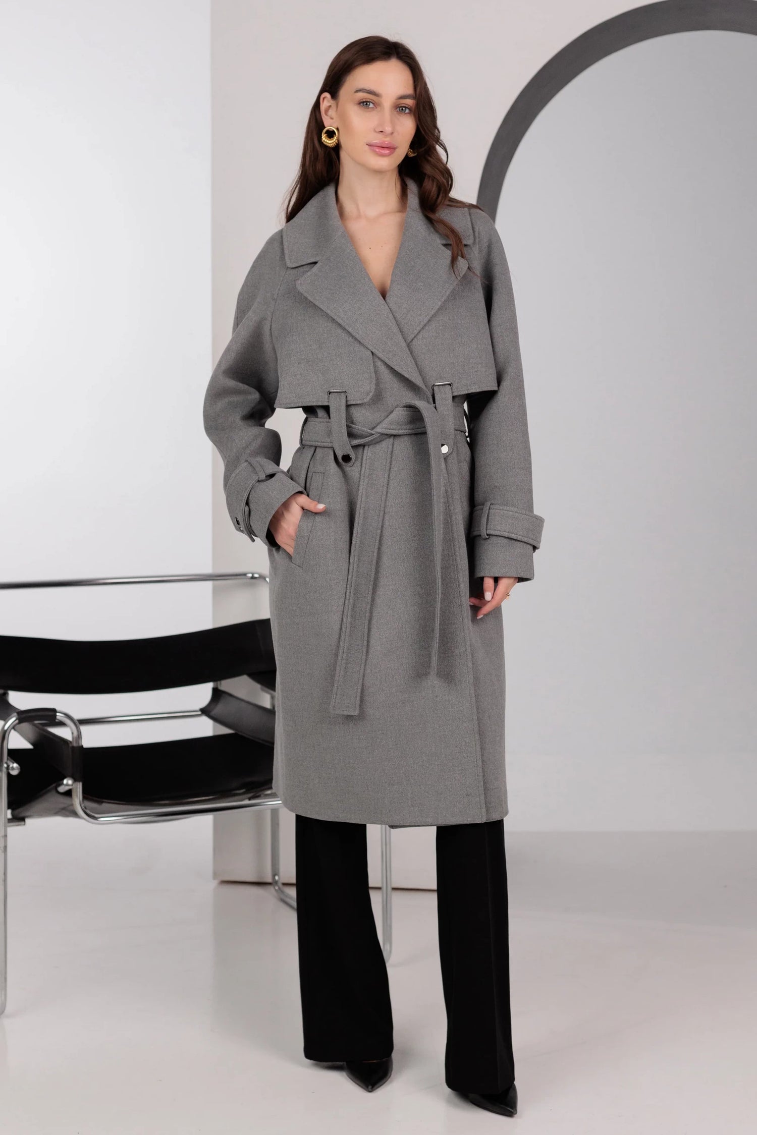 Karina Belted Wool Cashmere Blend Overcoat in Grey