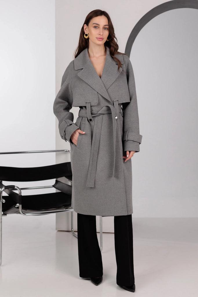 Karina Belted Wool Cashmere Blend Overcoat in Grey