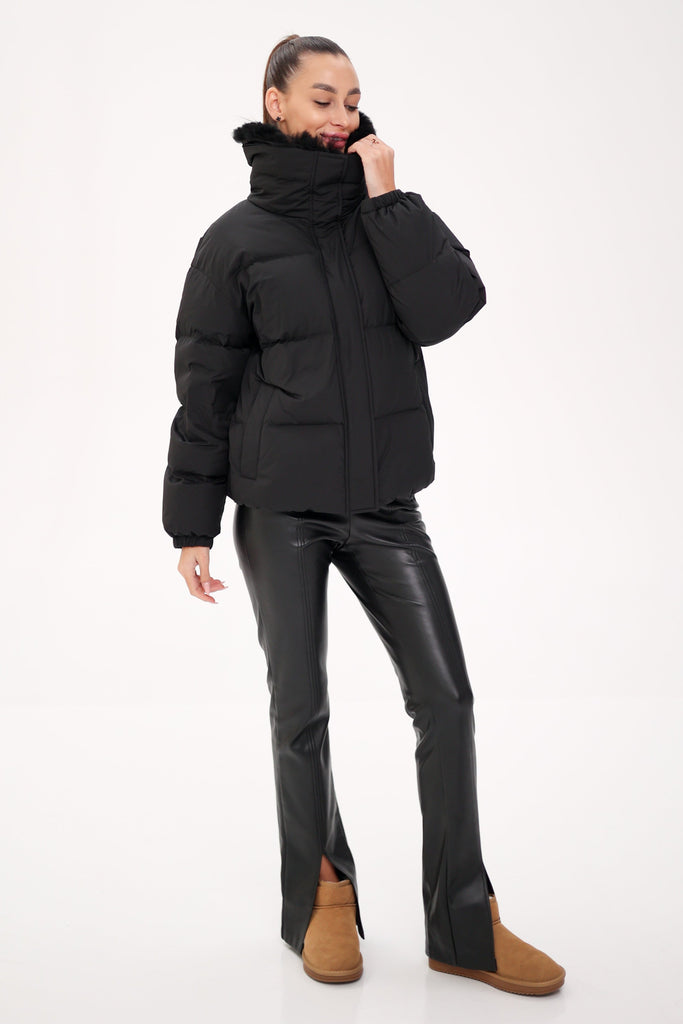 Water Resistant Down Puffer Coat with Removable Plush Cashmere Goat Collar