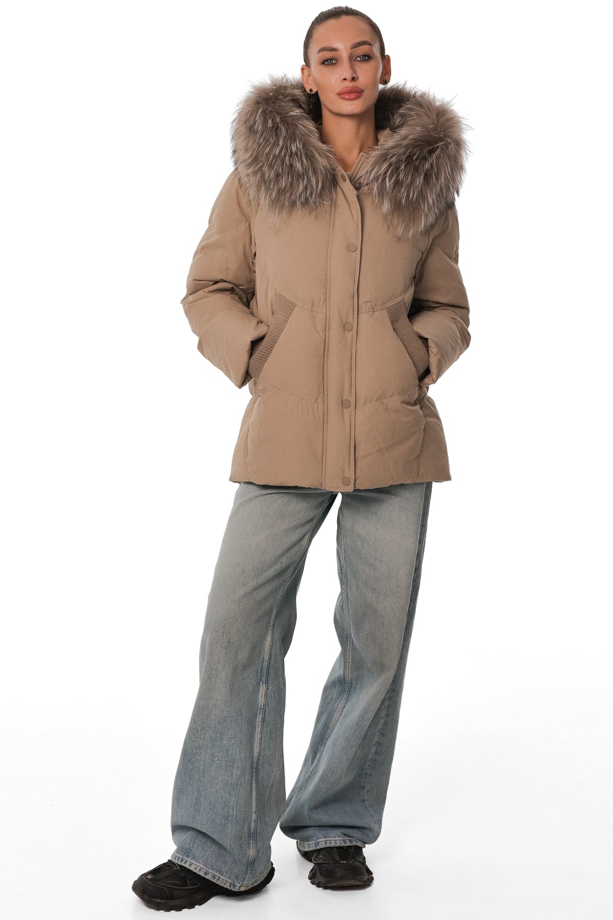 Cameron Genuine Fur Trim Down Coat in 
Beige