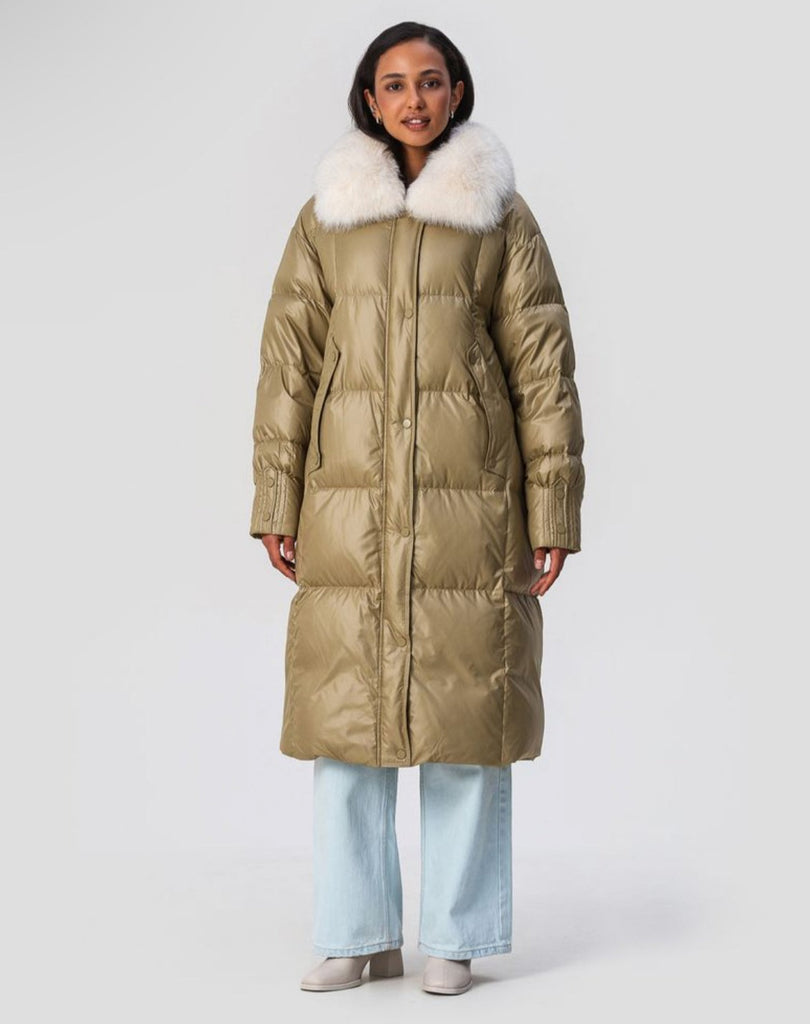 Genuine Polar Fox Fur Trim Down Insulated Coat