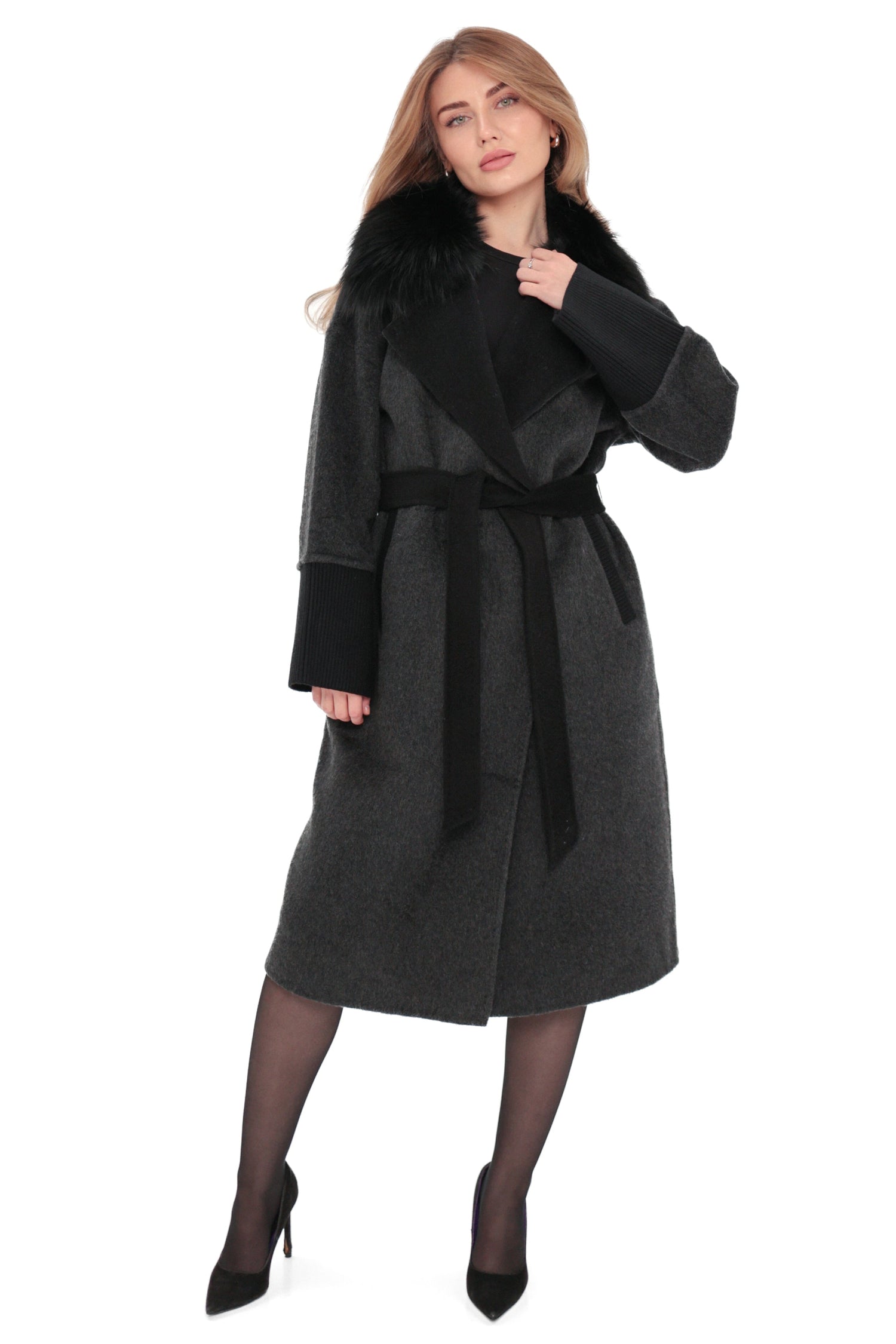 Boston Genuine Silver Fox Cashmere Blend Double-Face Coat in Graphite