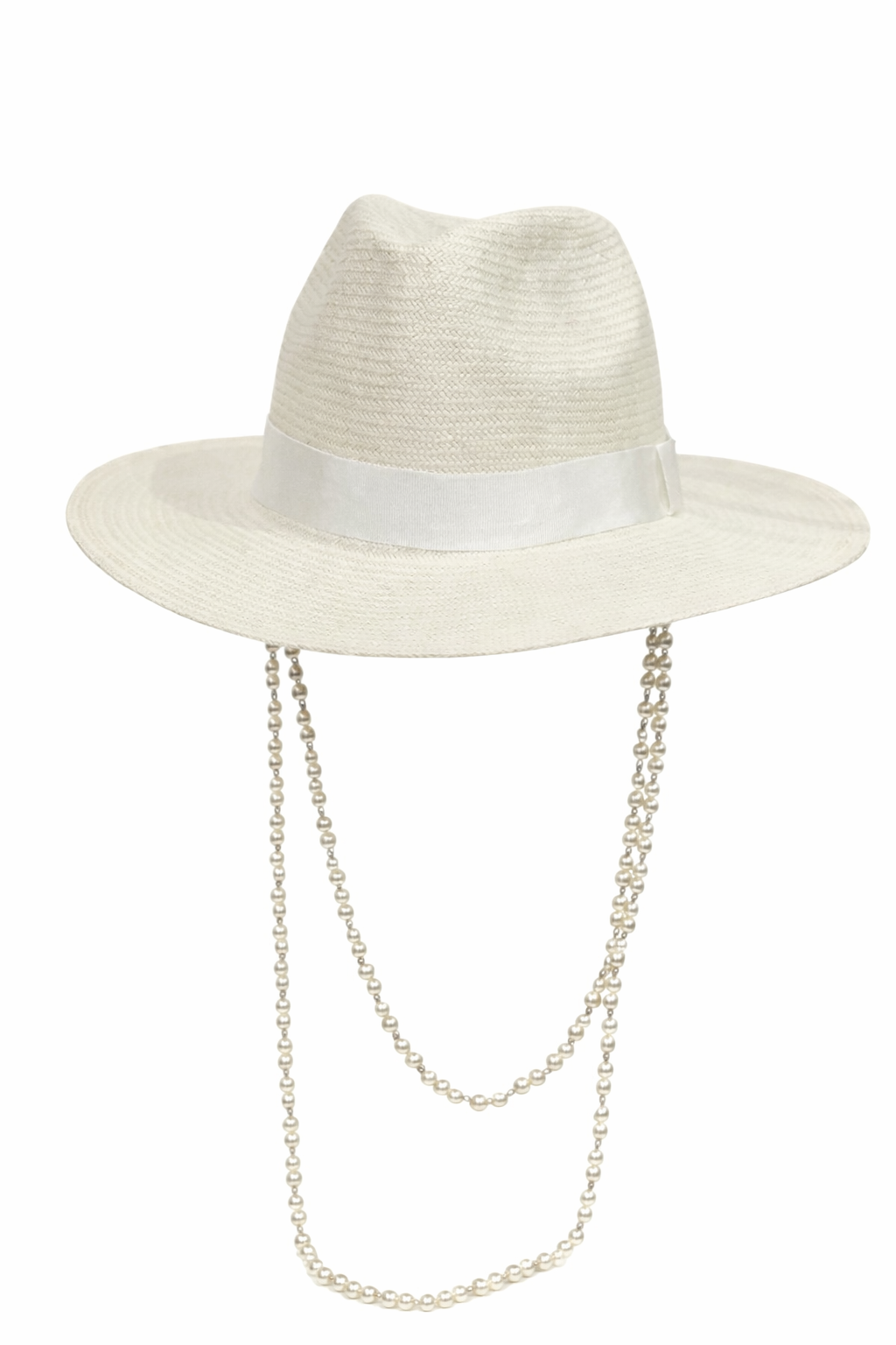 Paper Straw Fedora Hat with Double Pearl Chain