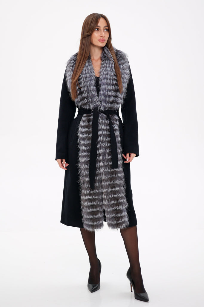 Genuine Silver Fox Virgin Wool Wrap Coat in Black