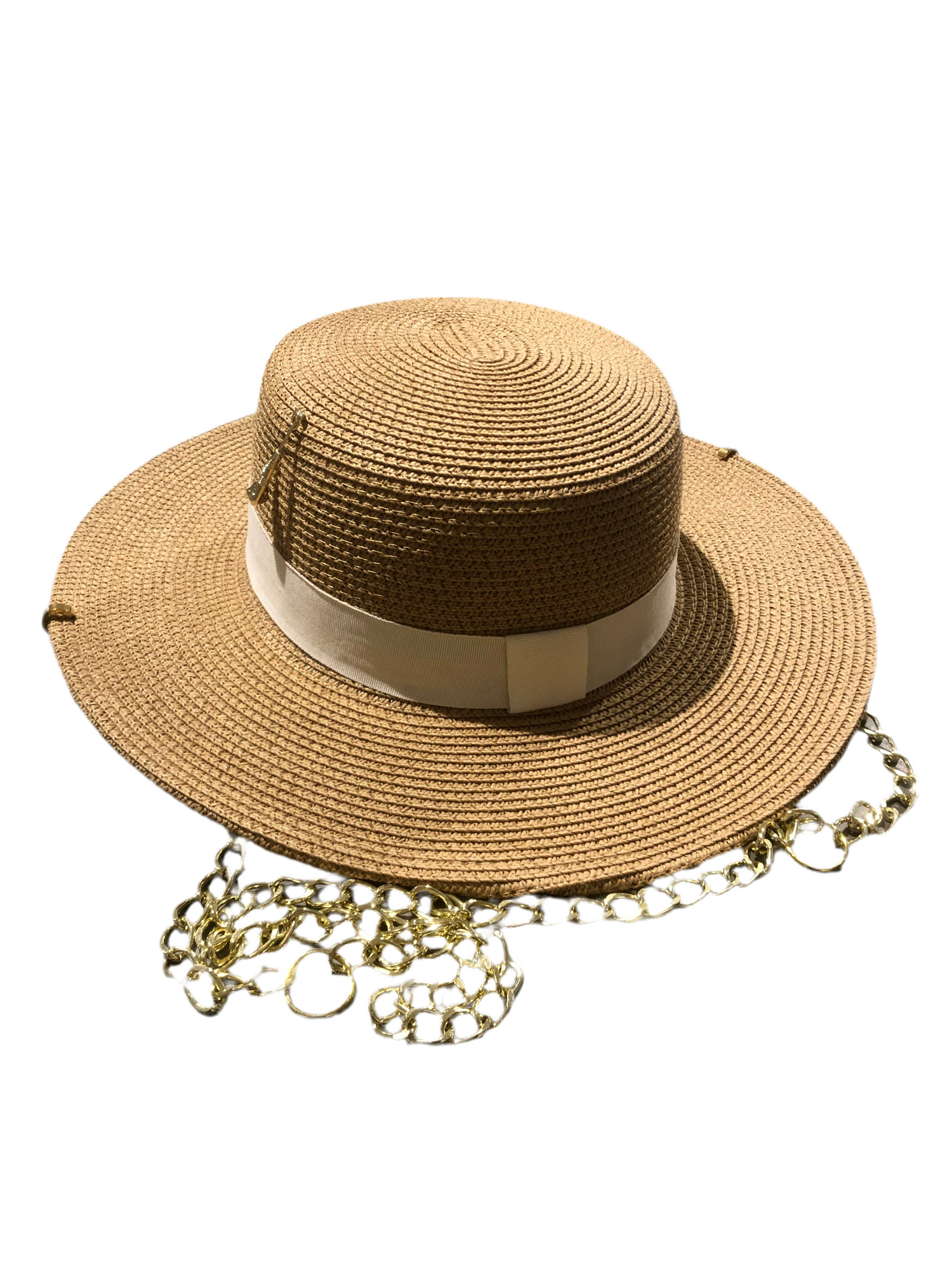 Eco Straw Flat Top Crown Hat with Chain