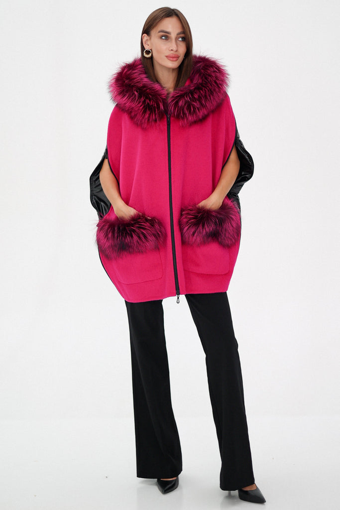 Saga®Furs Silver Fox Wool Alpaca Poncho in Fuchsia