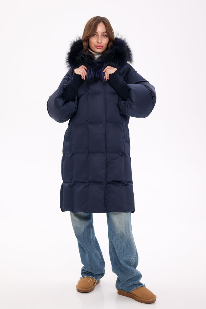 Genuine Polar Fox Fur Trim Down Coat in Royal Blue