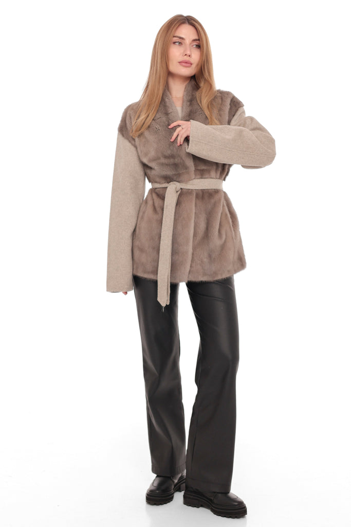 Genuine Polar Fox Fur Virgin Wool Coat