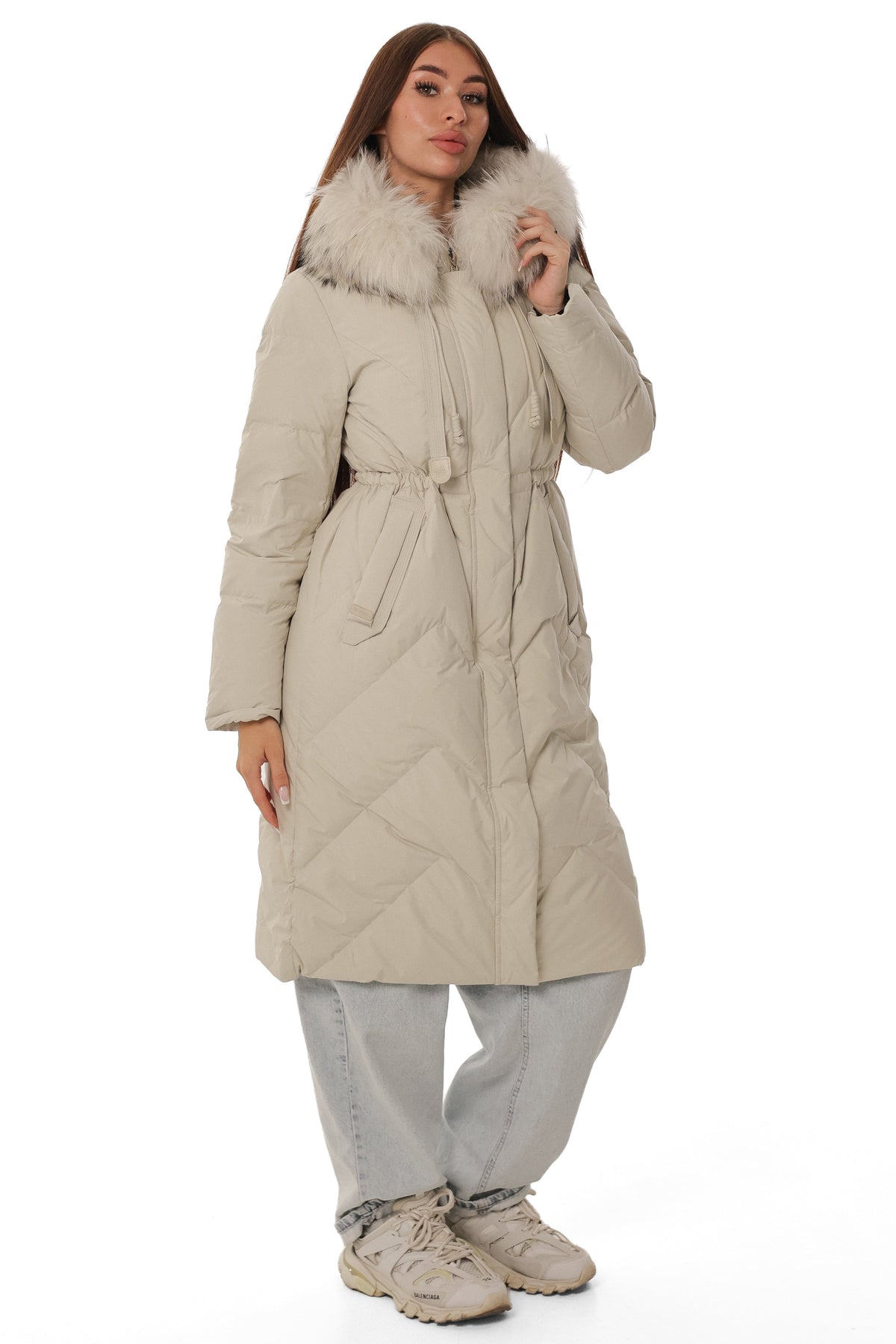 Brook Genuine Fur Trim Down Coat in White Dove