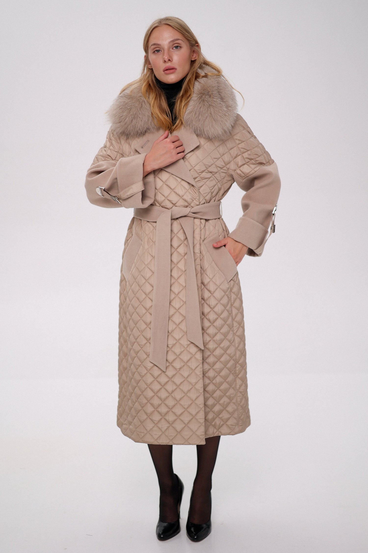 Sienna Genuine Polar Fox Fur Trim Coat in Nude