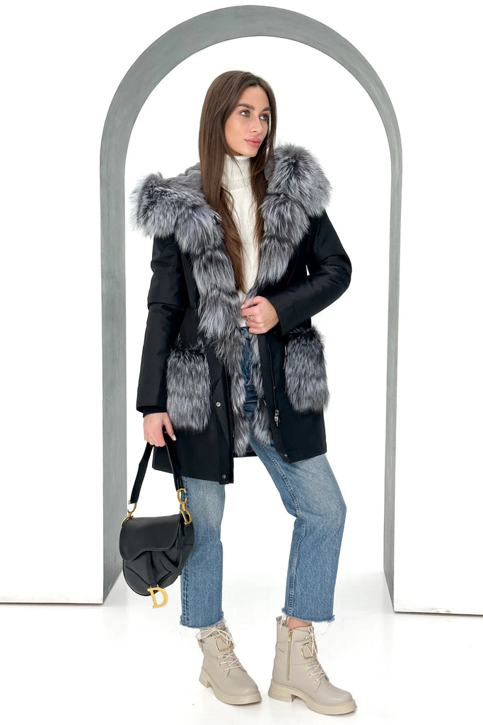 Roma Genuine Silver Fox Fur Rabbit Fur Insulated Parka in Black