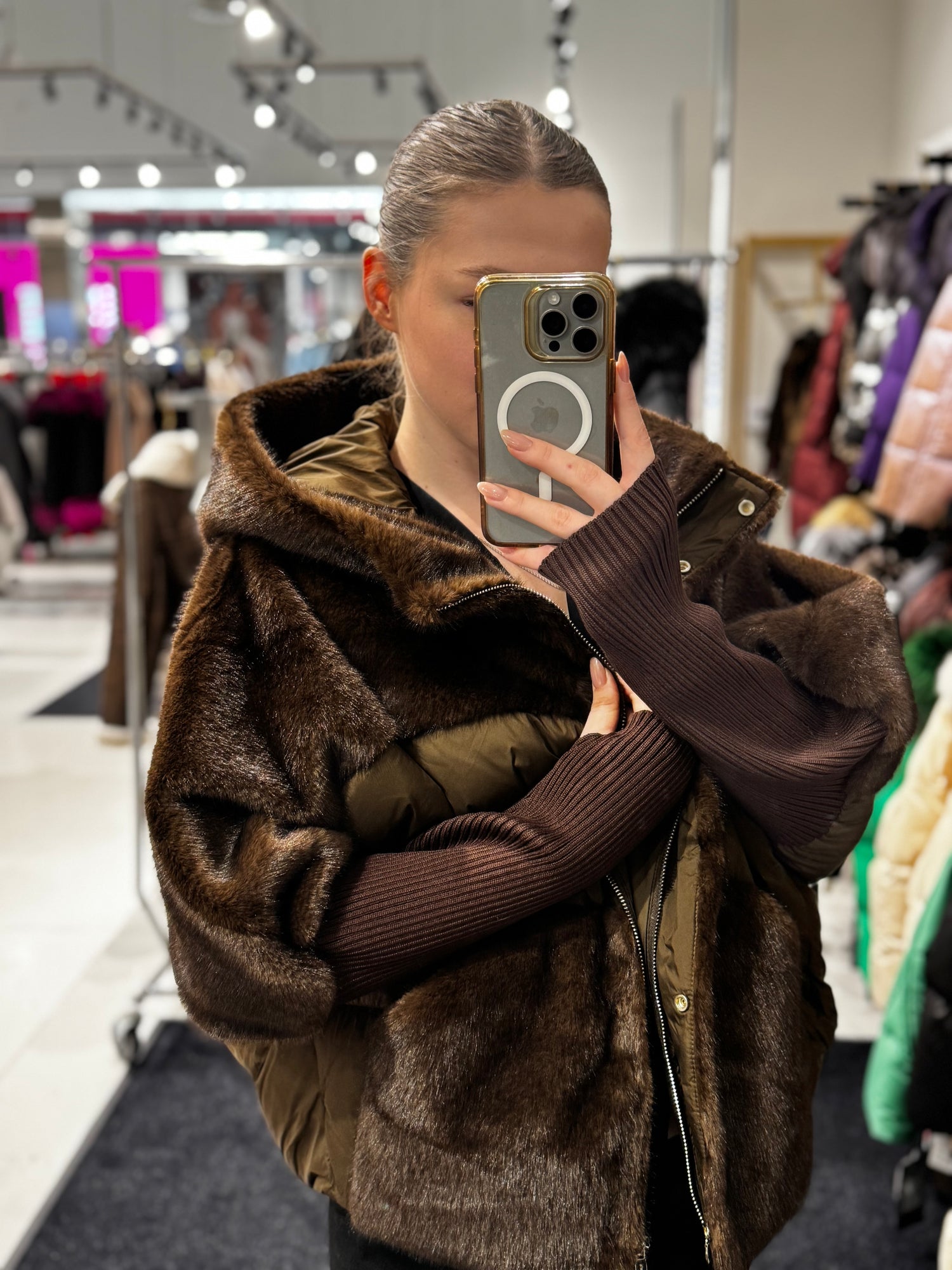 Serena Eco-Fur Down Fill Coat in Chocolate