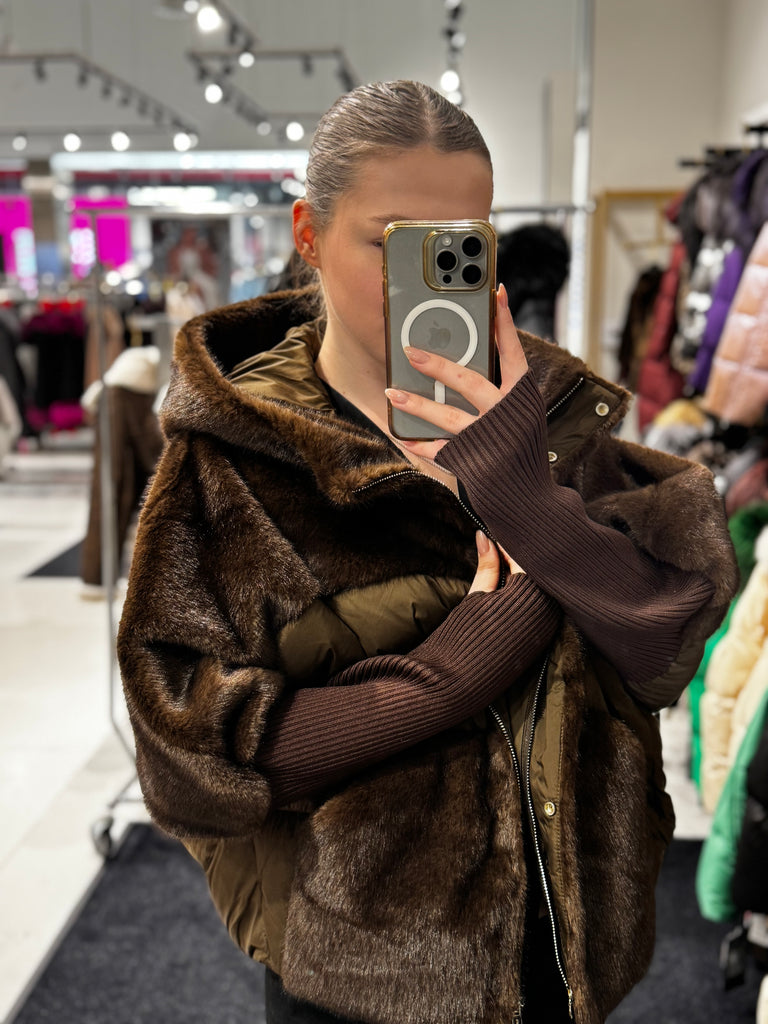 Serena Eco-Fur Down Fill Coat in Chocolate