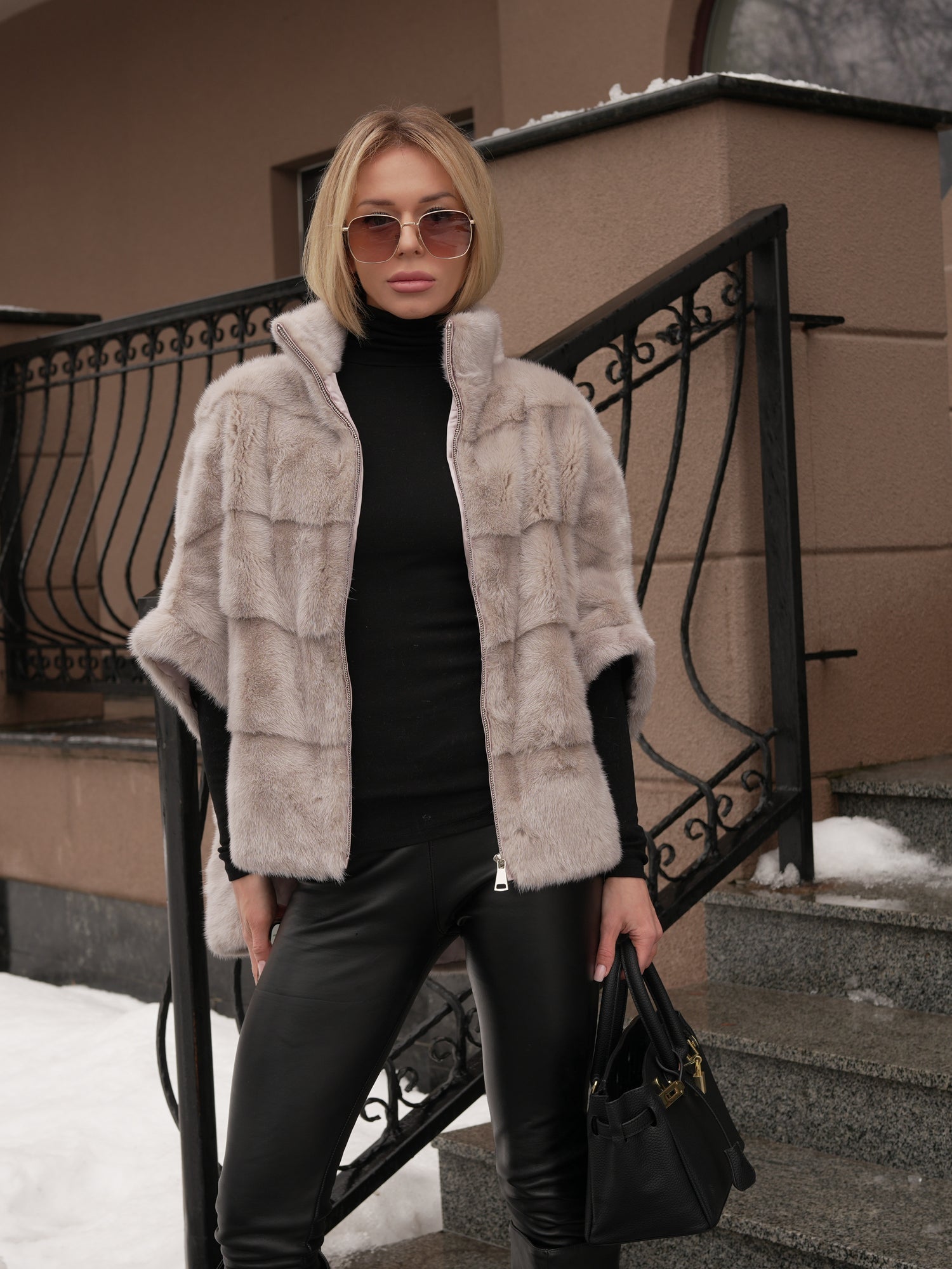 Genuine Scandinavian Mink Fur Poncho in Cream Cross