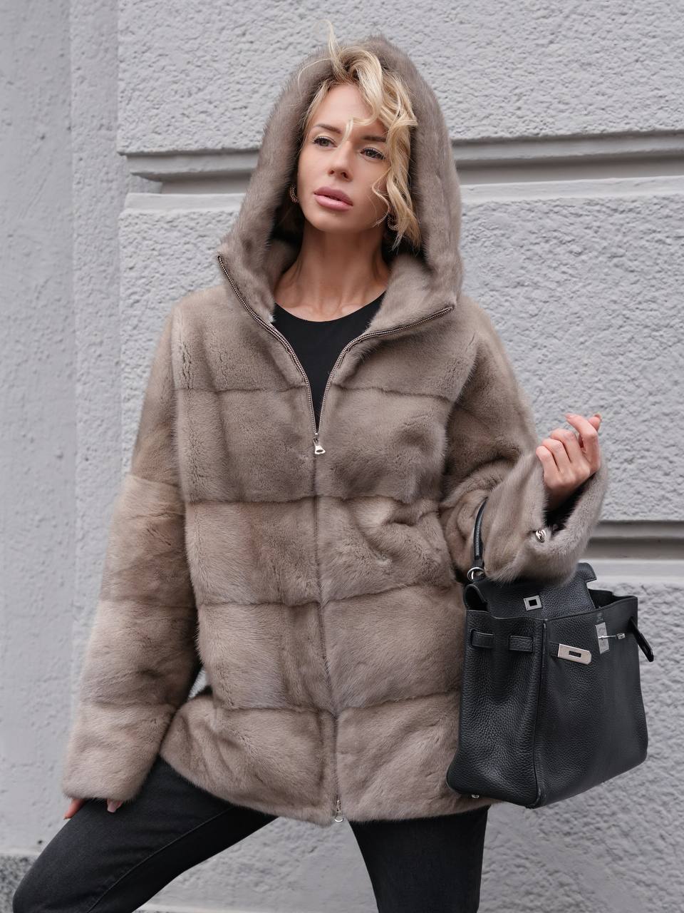 Genuine Scandinavian Mink Fur Coat with Fully Lined Mink Hood in Graige Cross