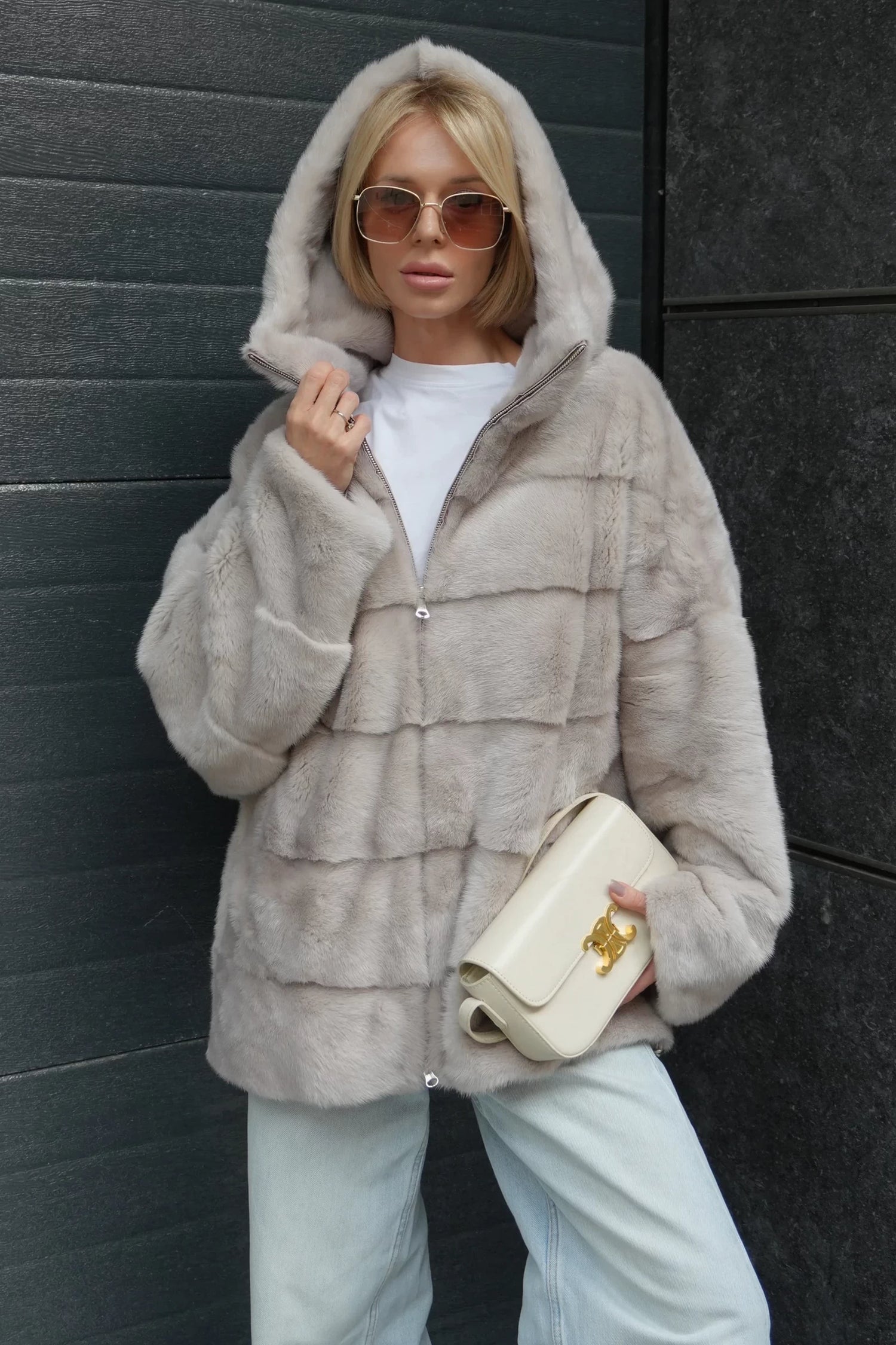 Aspen Genuine Scandinavian Mink Fur Coat with Fully Lined Mink Hood in Cream Cross