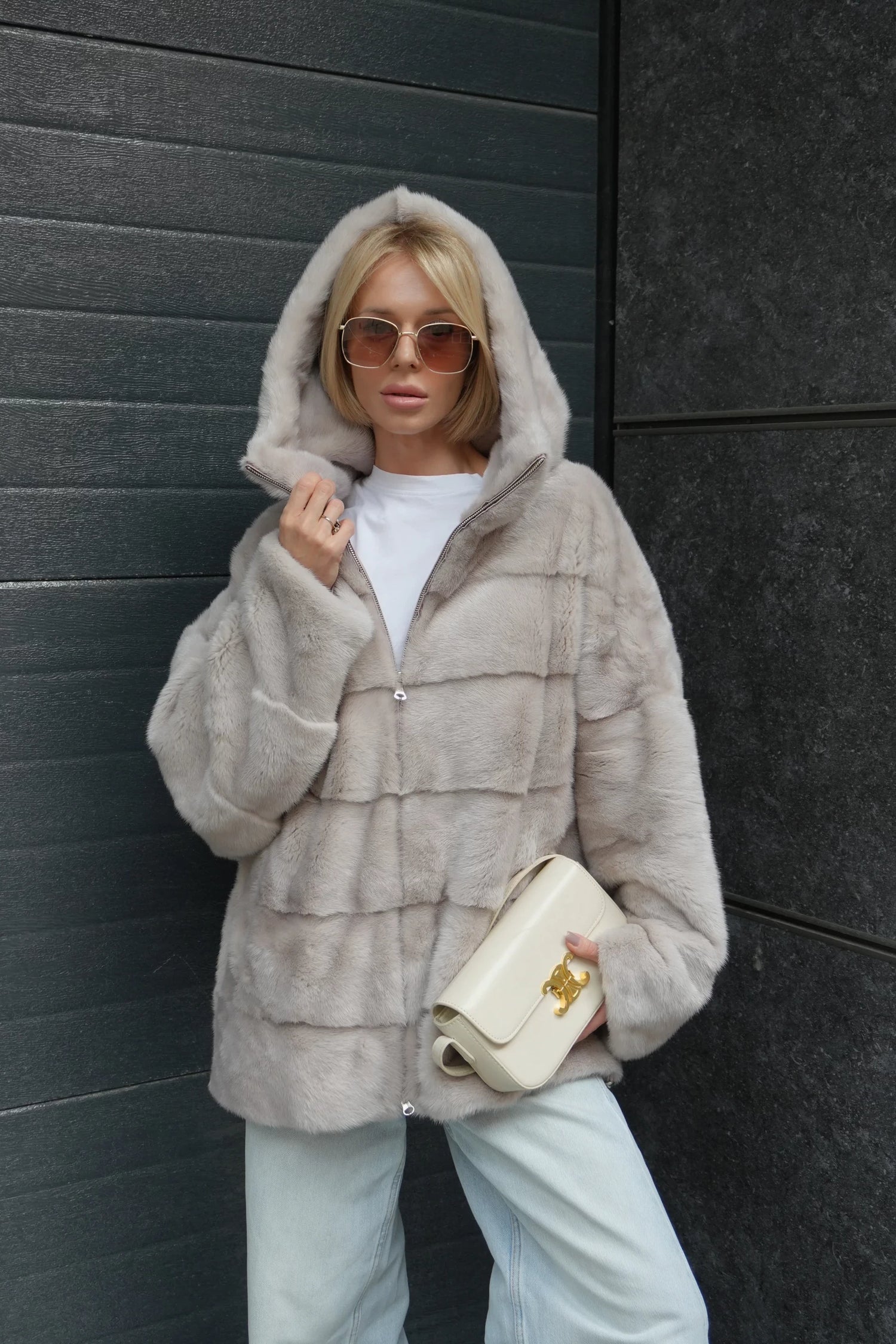 Genuine Scandinavian Mink Fur Coat with Fully Lined Mink Hood in Cream Cross
