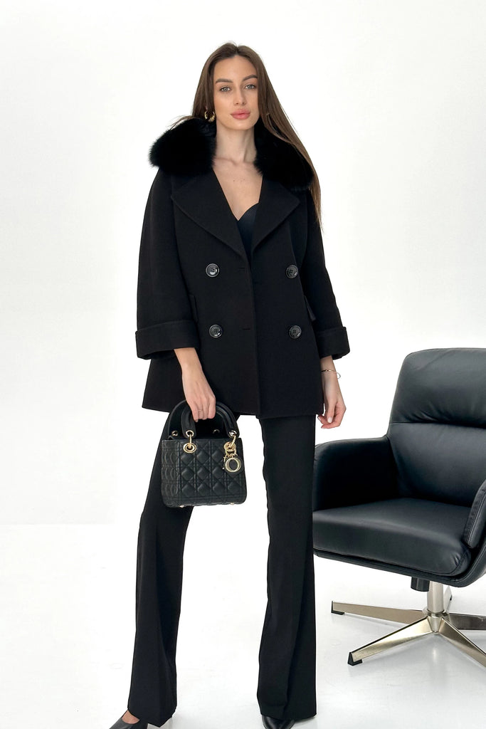 Jackie Genuine Polar Fox Trim Cashmere Wool Coat