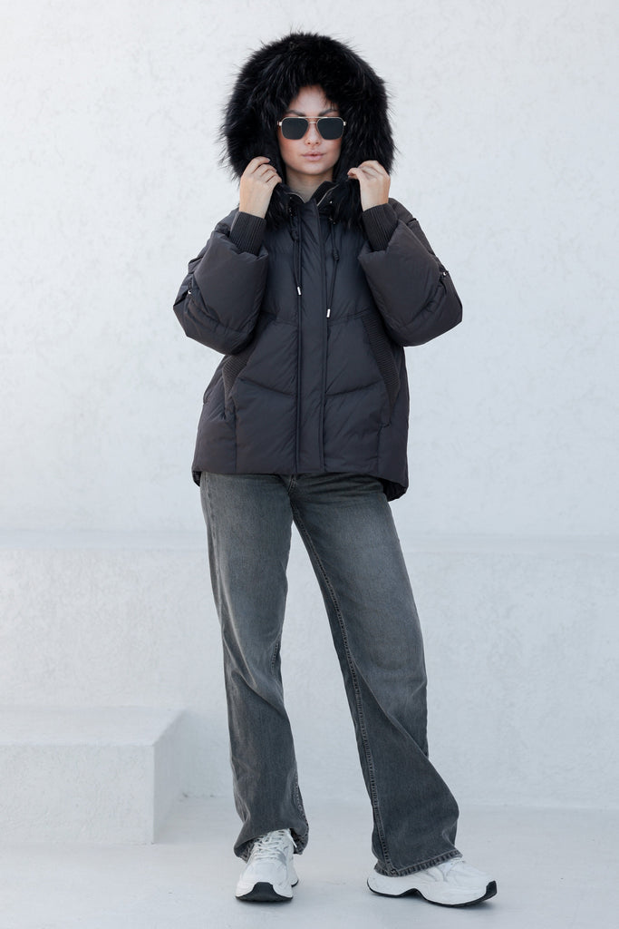 Brit Genuine Fur Trim Down Fill Coat in Black