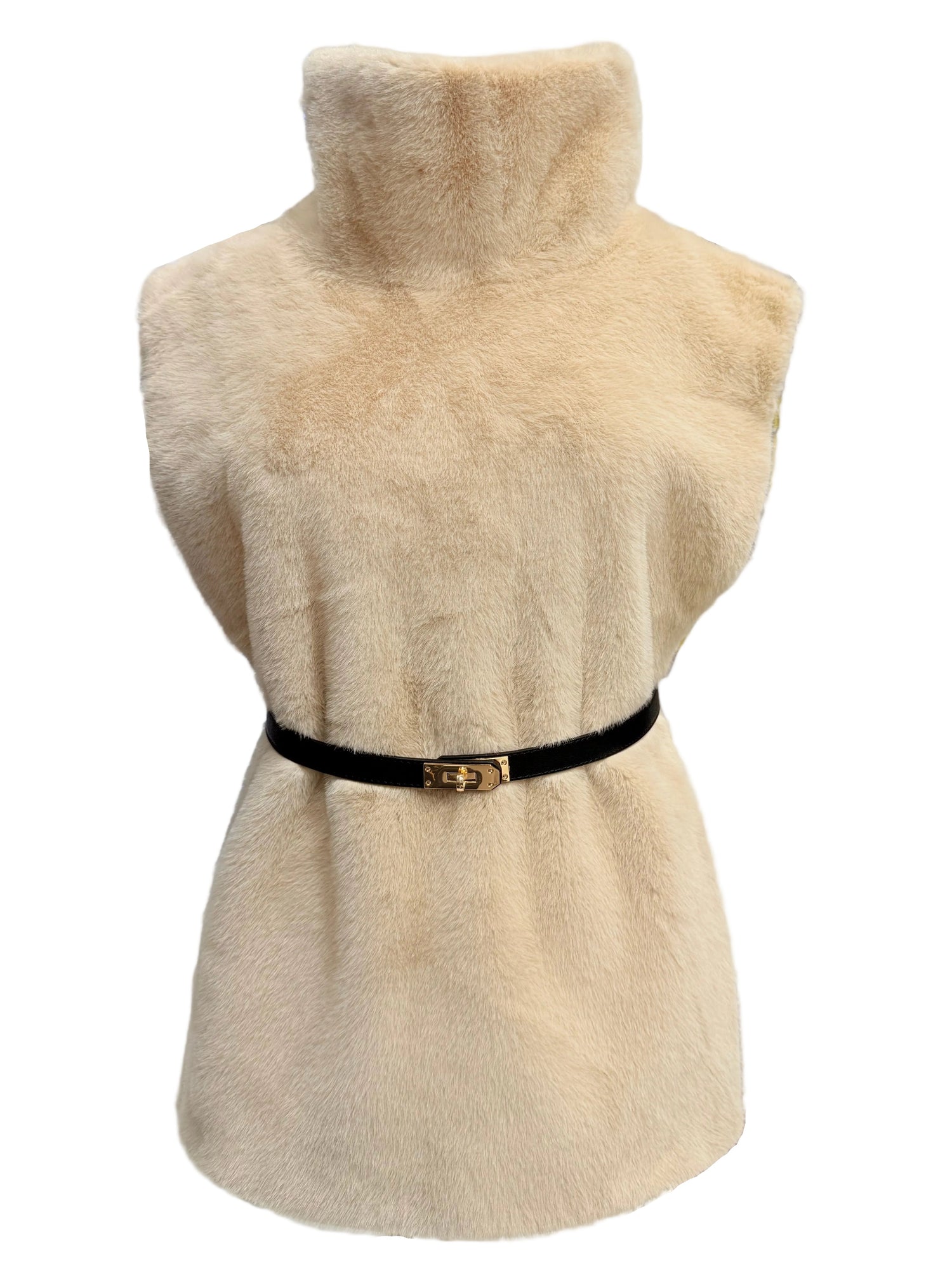Faux Fur Belted Vest Dickie in Beige