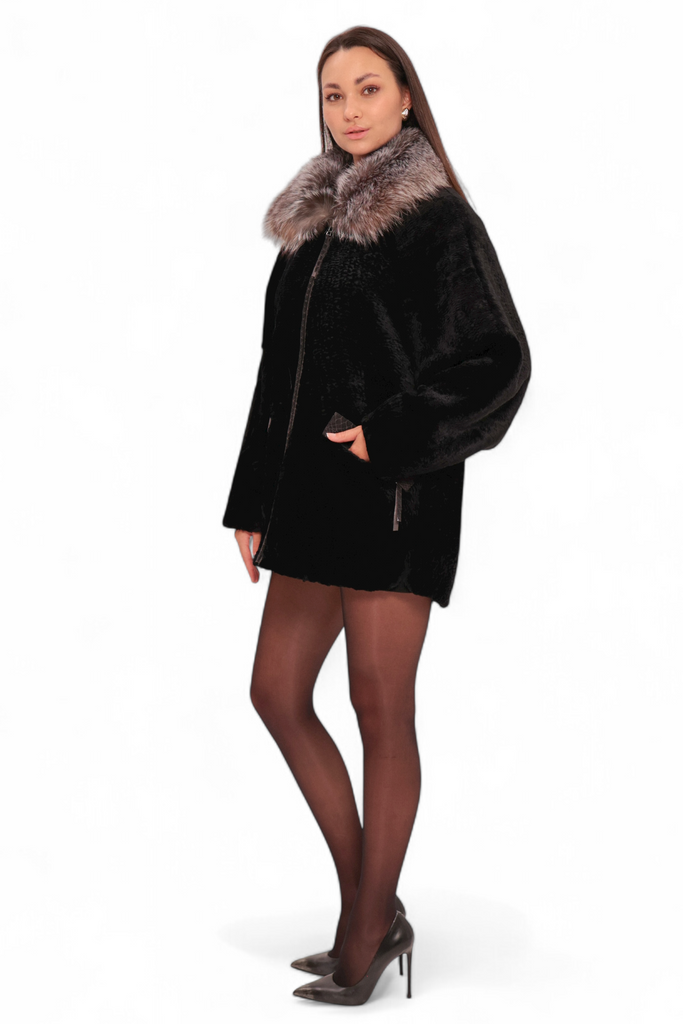Palermo Genuine Shearling Silver Fox Trim Coat