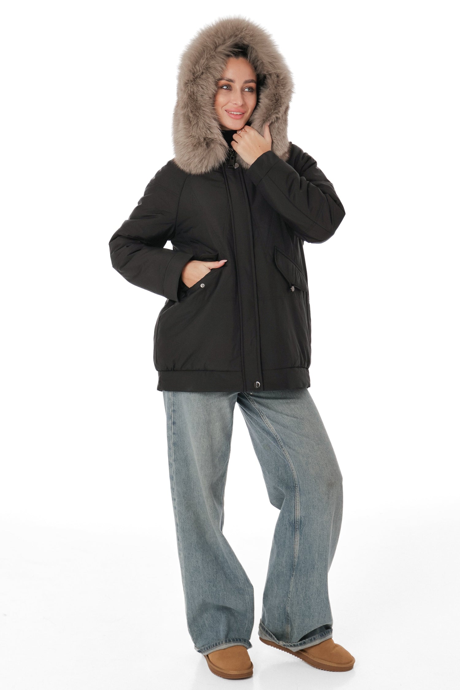 Genuine Polar Fox Camel Wool Blend Coat