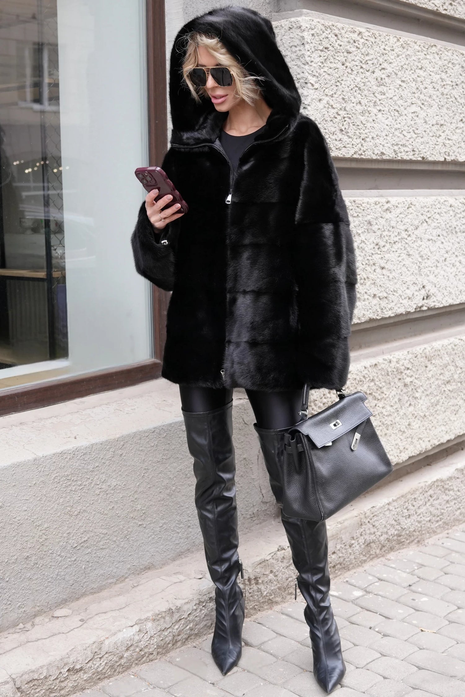 Aspen Genuine Scandinavian Mink Fur Coat with Fully Lined Mink Hood in Black