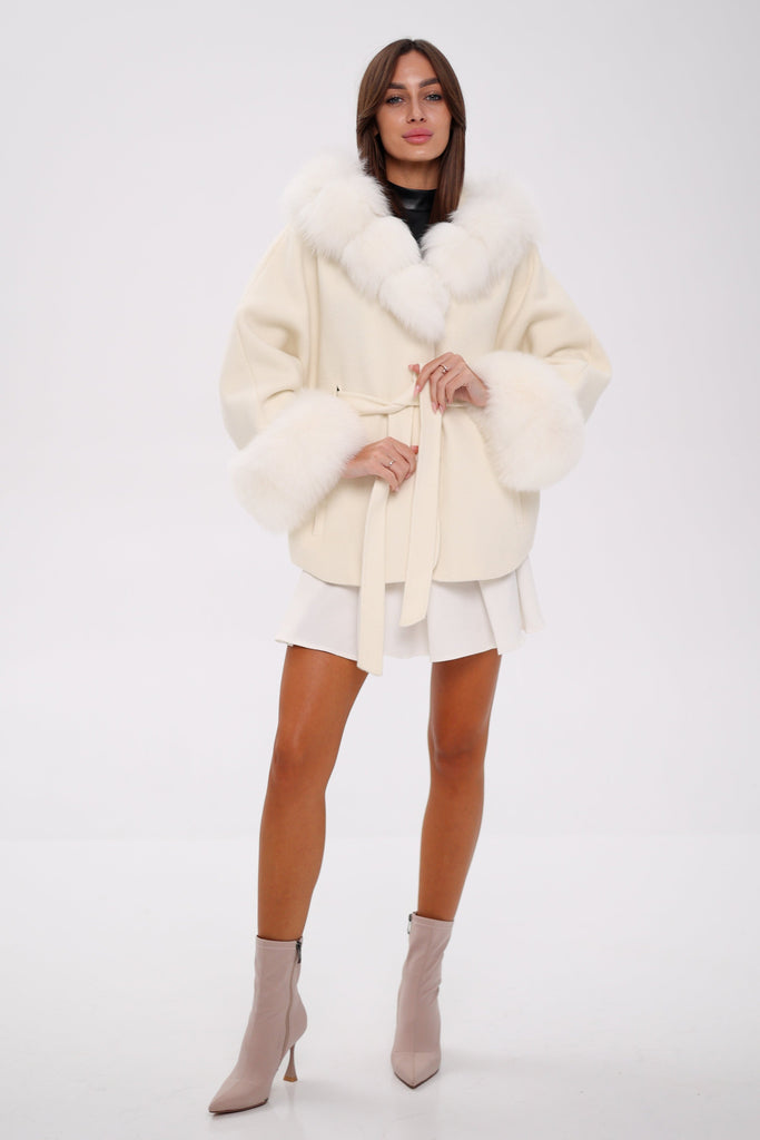 Genuine Polar Fox Fur Wool Hooded Coat