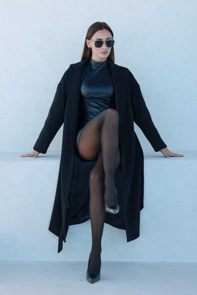 Logan Leather Trim Cashmere Blend Overcoat in Black