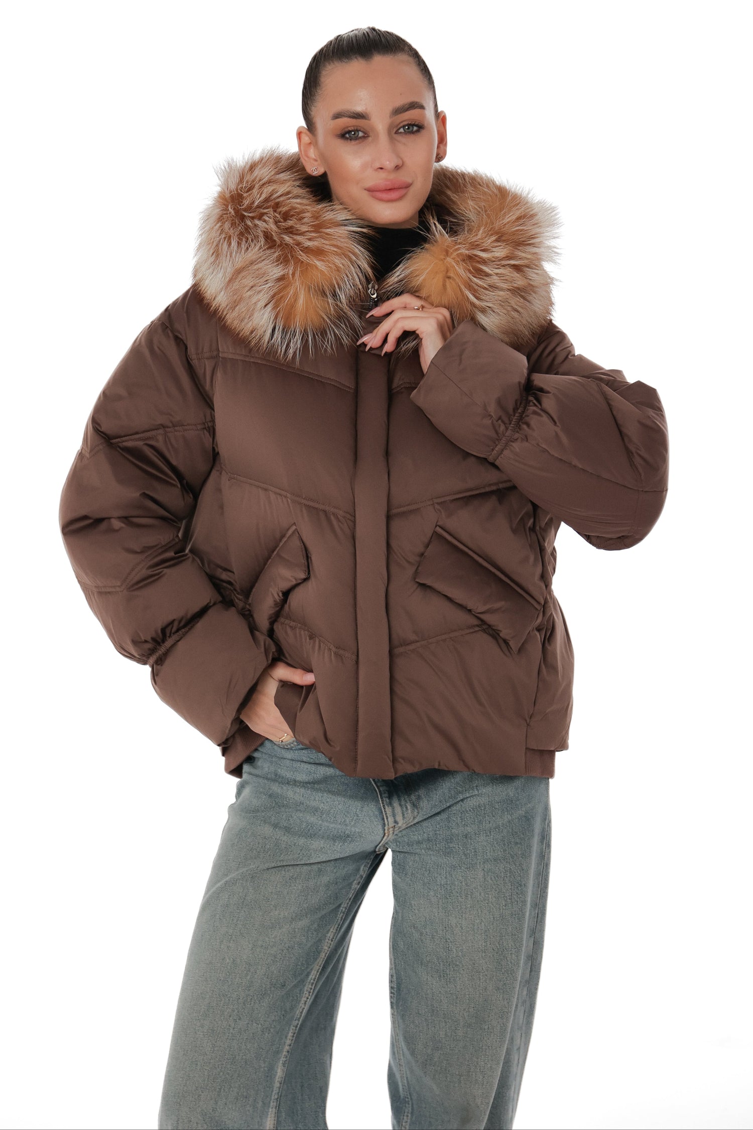 Genuine Silver Fox Fur Down Fill Coat