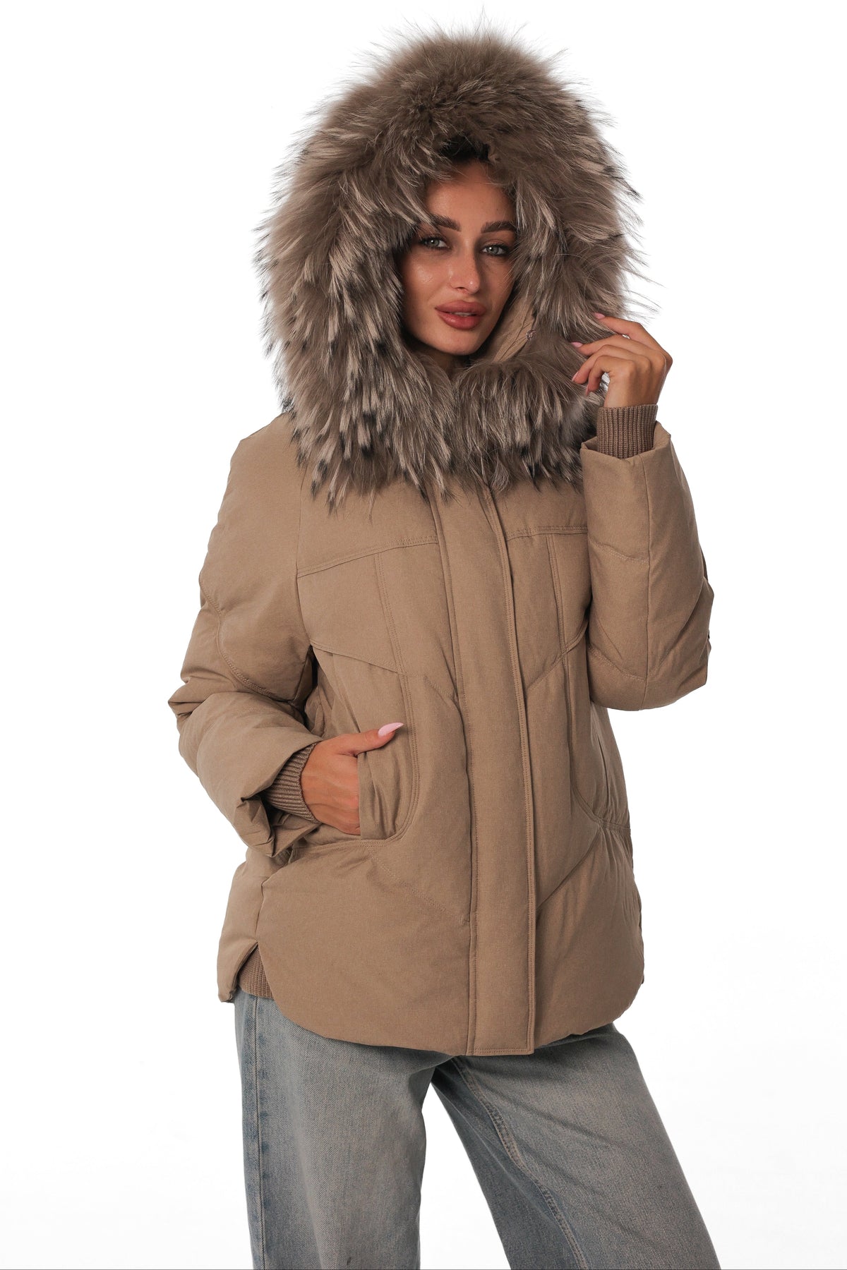 Dylan Genuine Fur Trim Down Coat in Beige