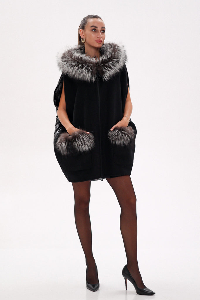 Saga®Furs Silver Fox Wool Alpaca Poncho in Black