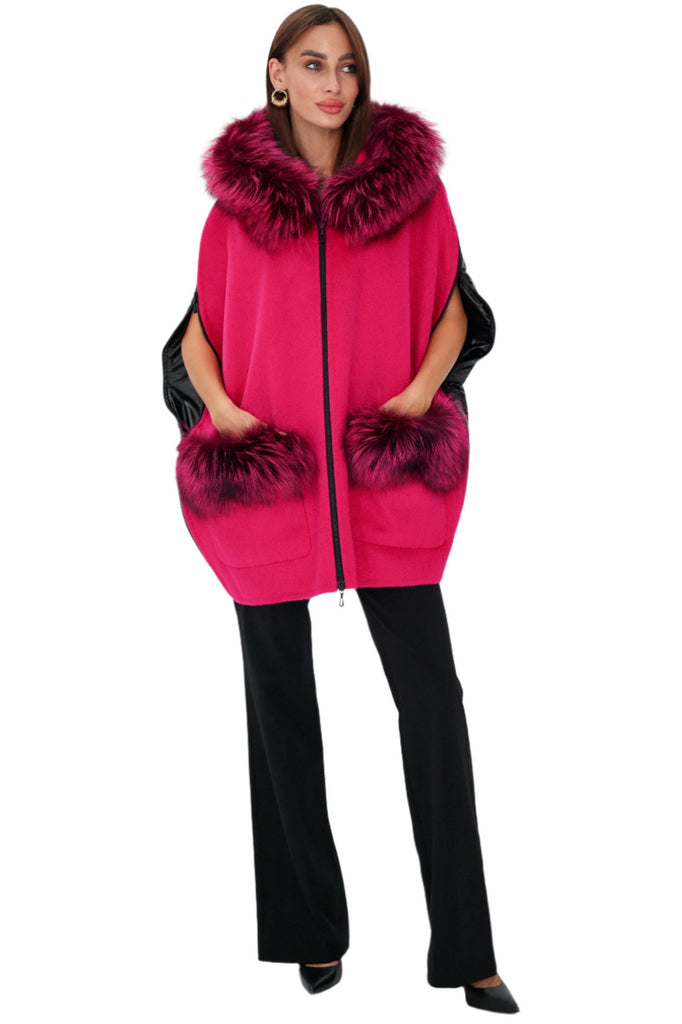 Saga®Furs Silver Fox Wool Alpaca Poncho in Fuchsia