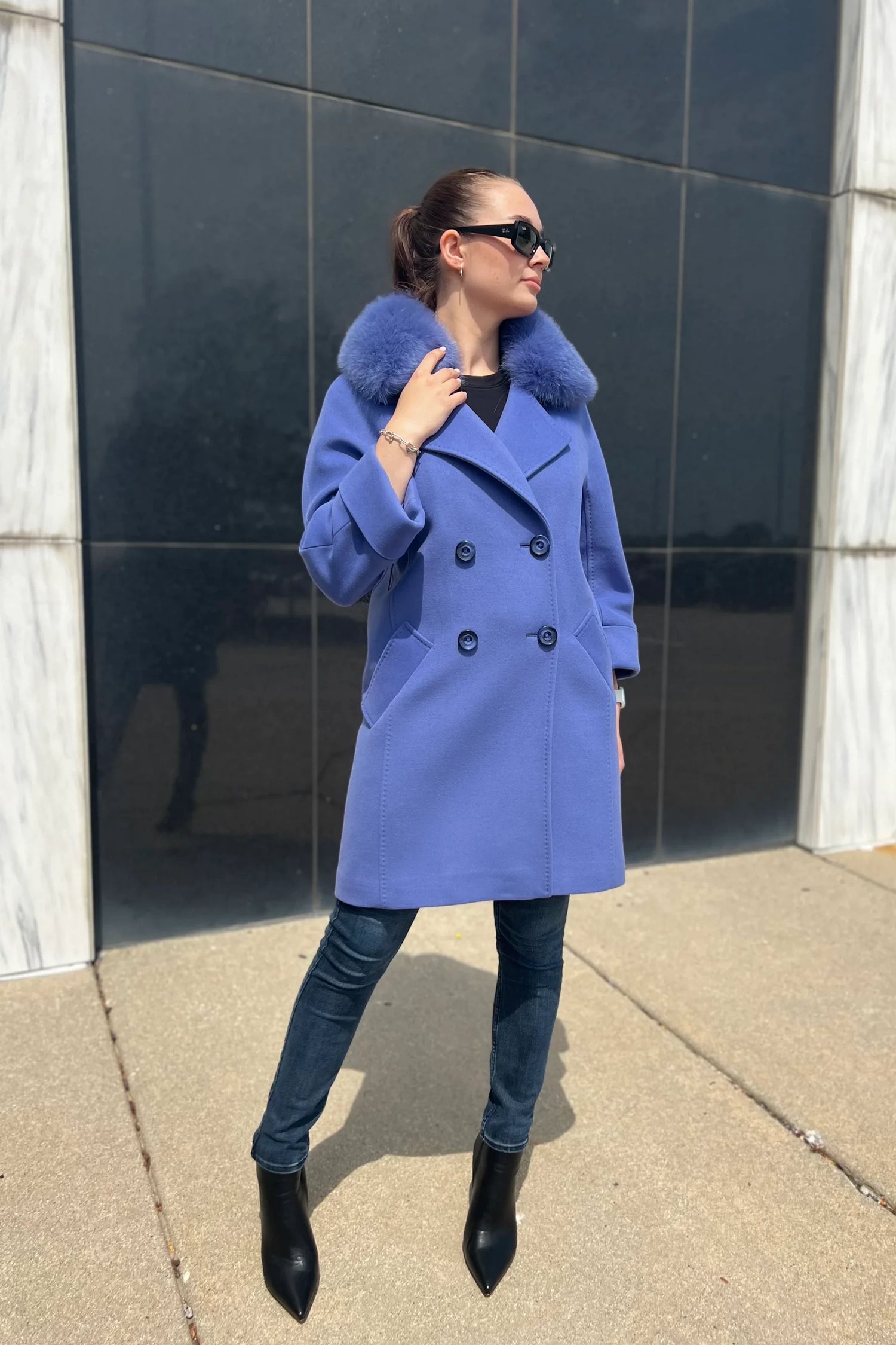 Marcel Genuine Polar Fox Cashmere-Wool Coat in Periwinkle