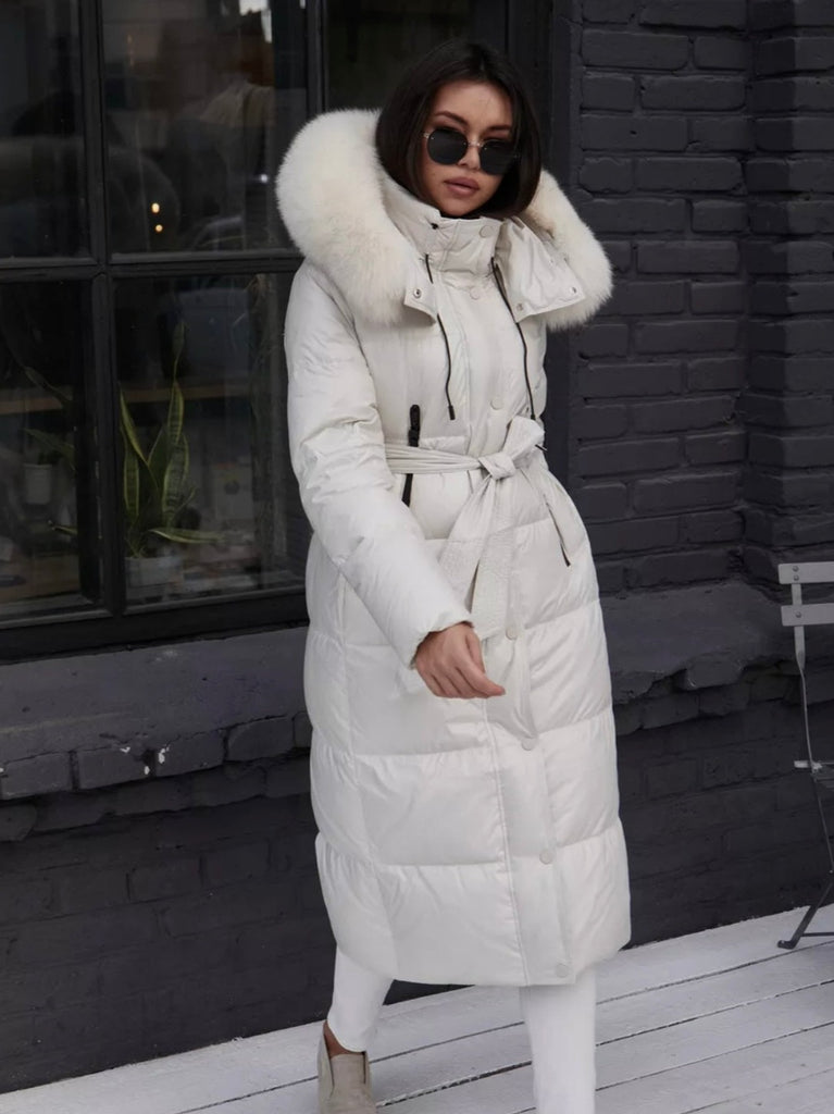 Genuine Polar Fox Fur Trim Down Insulated Coat