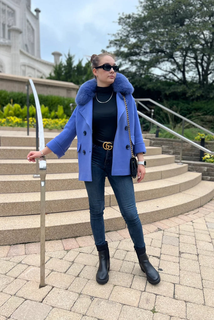 Jackie Genuine Polar Fox Trim Cashmere Wool Coat
