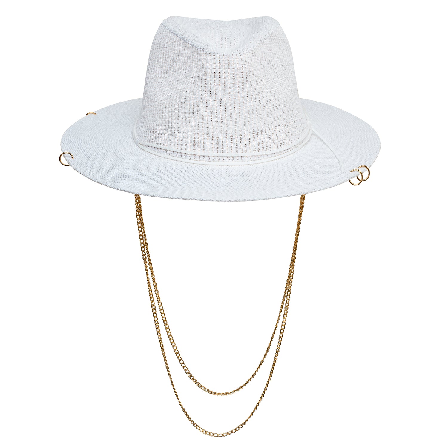 Ships May 11. Antonella Double Chain Piercing Hat in White