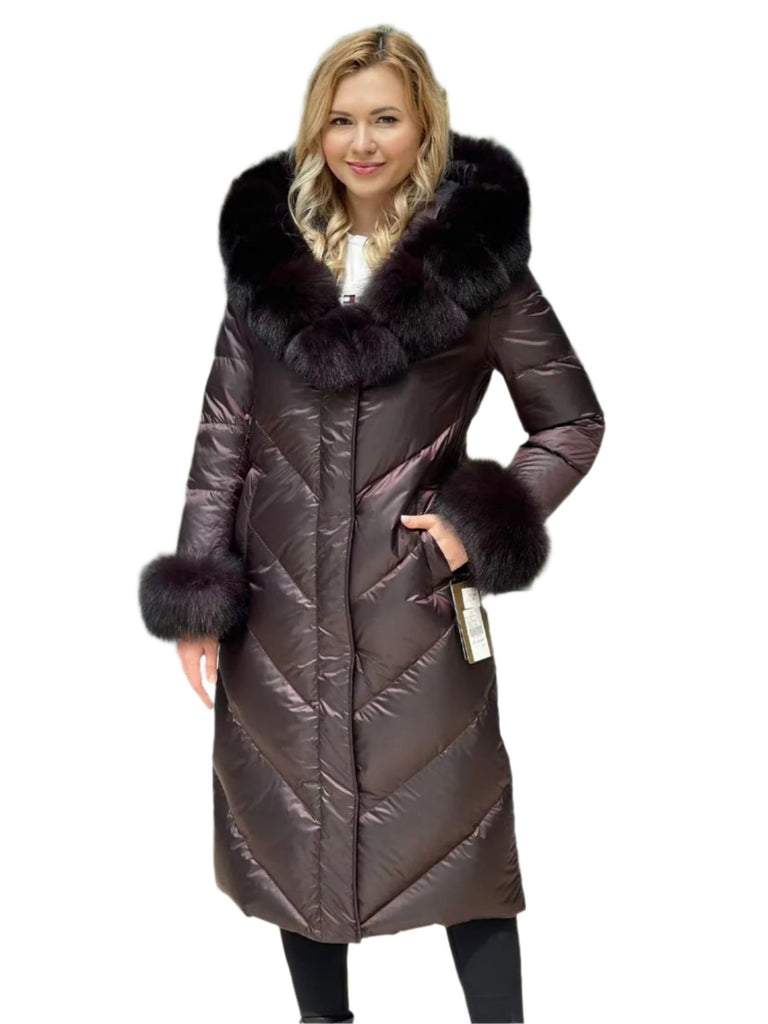 Genuine Polar Fox Fur Down Fill Belted Coat