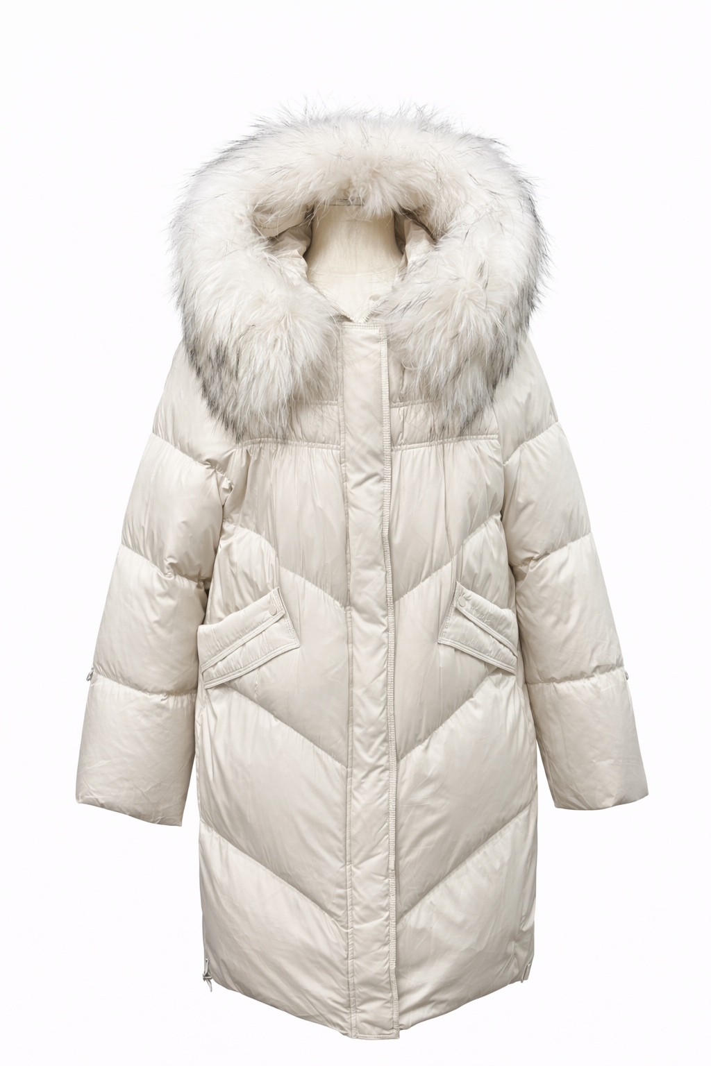 Nellie Genuine Fur Trim Down Fill Coat in Ivory