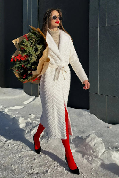 Genuine Mink Fur Rex Fur Trim Virgin Wool Coat in White – Alaska