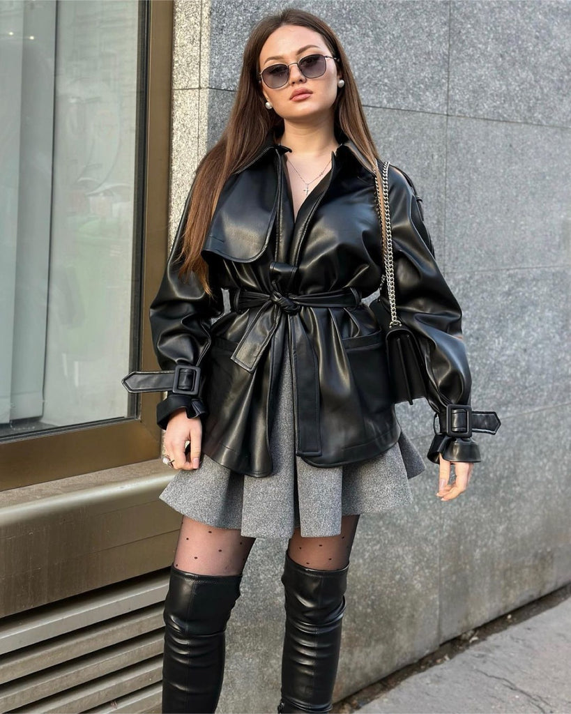 Leather-Effect Short Trench Coat