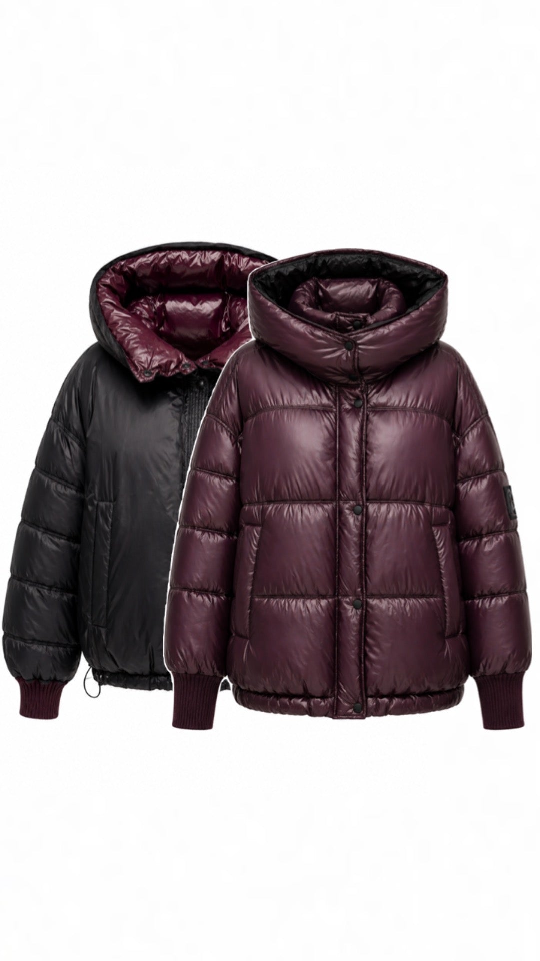 ⇆ Reversible Hooded Bio-Down Jacket in Burgundy/Black