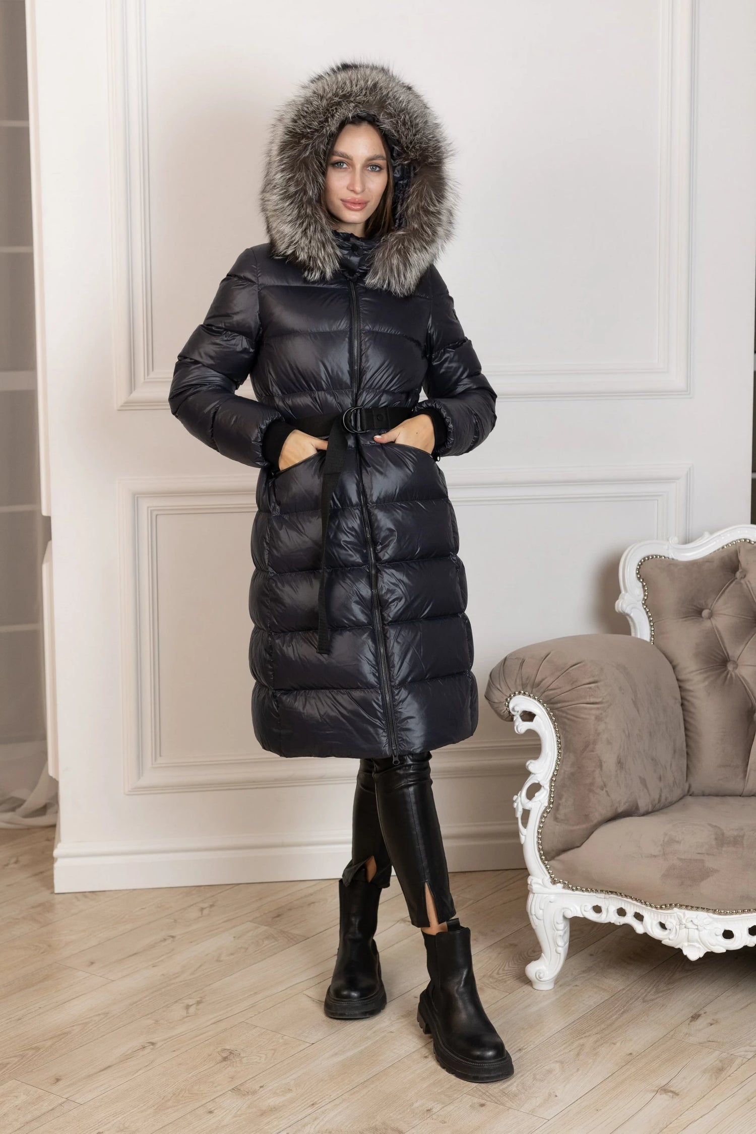 Genuine Silver Fox Fur Trim Down Fill Coat