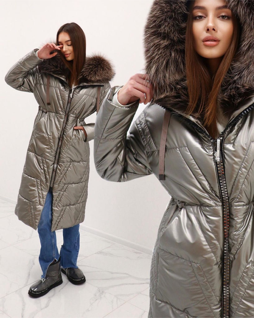 Gloria Genuine Silver Fox Fur Trim Coat