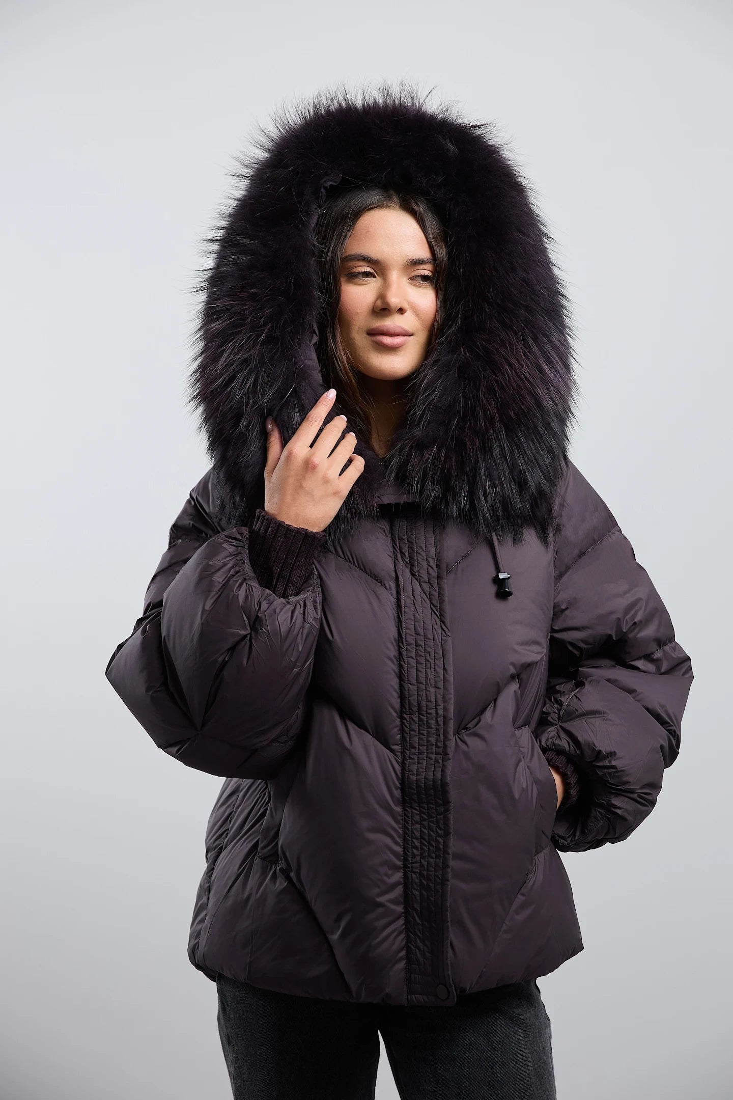 Genuine Fur Trim Down Fill Puffer in Fig
