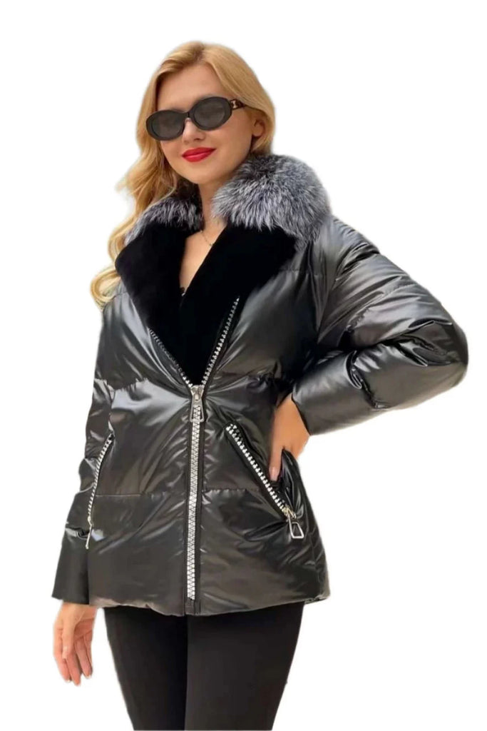 Genuine Silver Fox Fur Down Fill Water-Repellent Coat