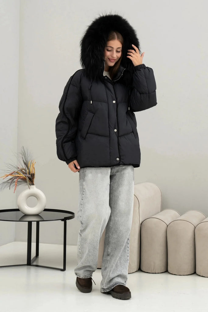 Ember Genuine Fur Trim Down Fill Jacket in Black
